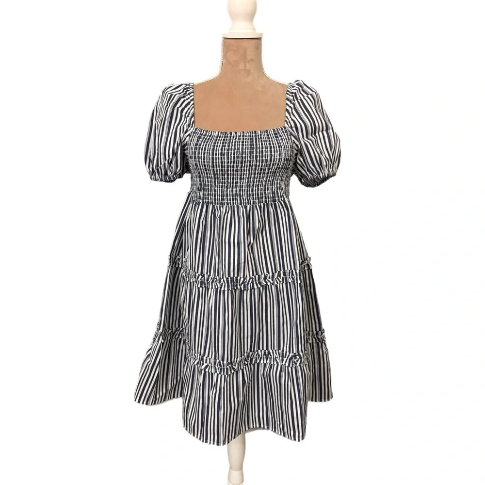 Influence Coastal Stripe Smocked Puff Sleeve Tiered Mini Dress US Women’s Sz 8
